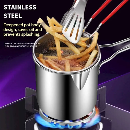 Deep Frying Pot with Strainer Basket – 1200ml Stainless Steel Oil Fryer Pot with Box Packing
